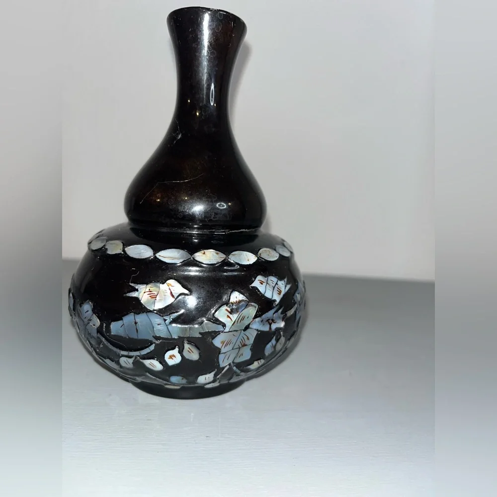 Vintage Orient Express Black Plastic Mother Of Pearl Vase Korea Floral BirdMotif